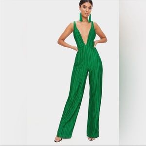 Green Plisse Plunge Strappy Jumpsuit